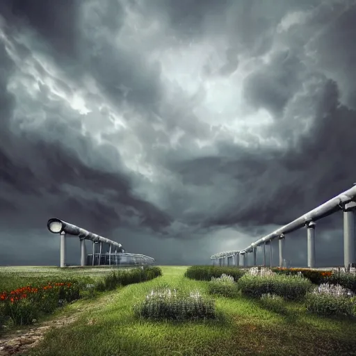 Image similar to Stormy sky with thunders, pipes and vaults system in the background, depth of field, blueshift render, photorealistic