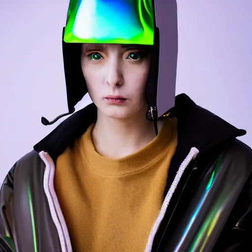 Image similar to an ultra high definition professional studio quality photograph of an artificially intelligent cyberpunk art influencer wearing a transparent iridescent pastel coloured face visor and matching bubbly puffy raincoat on white coat hook in a sheer icelandic black rock environment. dramatic lighting. volumetric shadows. light rays