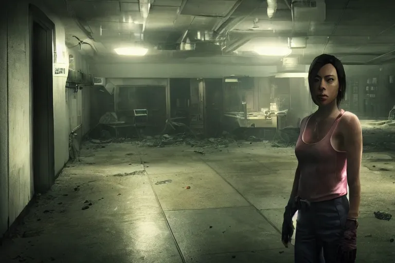 Prompt: a gaming screenshot portrait still of aubrey plaza in resident evil, moebius, greg rutkowski, zabrocki, karlkka, jayison devadas, phuoc quan, trending on artstation, 8 k, ultra wide angle, video game graphics, blue technology sci - fi atmosphere realistic, 3 d game, zenith view, cyberpunk pincushion lens effect