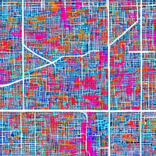 Prompt: an abstract color painting of los angeles made of grid pattern