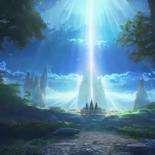 Image similar to a magical wizard in front of a big and mystical of a big and structured fantasy kingdom city, god rays, giant tree, portal to outer space digital art 8k, trending on artstation, anime, unreal engine