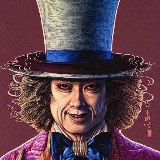 Prompt: portrait of the mad hatter, symmetrical, by yoichi hatakenaka, masamune shirow, josan gonzales and dan mumford, ayami kojima, takato yamamoto, barclay shaw, karol bak, yukito kishiro, beksinski