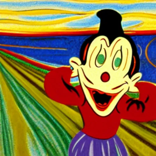 Prompt: a cartoon adaptation of the scream of munch by walt disney in the style of pinocchio