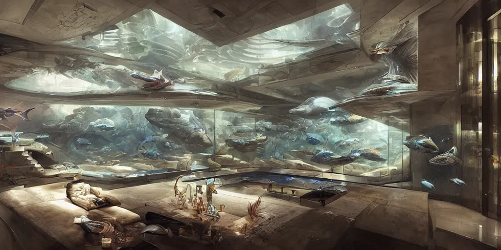 Image similar to In a futuristic large apartment, dimmed light, interior design, one of the wall is a HUGE aquarium with many many fishes _ james gurney, greg rutkowski