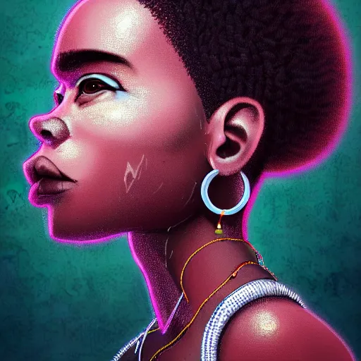 Image similar to A digital portrait painting of an afropunk female character in a favela street, medium shot, asymmetrical, profile picture, edgy, painting by Alberto Mielgo, trending on artstation,