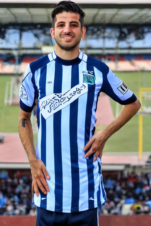 Image similar to jason borgia wearing a racing club de avellaneda shirt