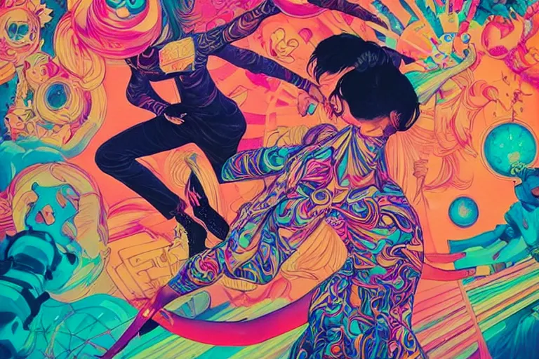 Image similar to a levitating dance party, rave, tristan eaton, victo ngai, artgerm, rhads, ross draws