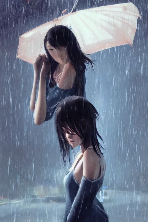 Image similar to a girl in the rain, full shot, realistic shaded perfect body, fine - face, fine details. night setting. very anime style. realistic shaded lighting poster by ilya kuvshinov katsuhiro, magali villeneuve, artgerm, jeremy lipkin and michael garmash, rob rey and kentaro miura style, trending on art station