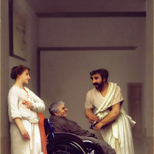 Image similar to a male patient in a wheelchair in the hospital with his wife and son standing by. happy, cheerful, smiling, intricate, face enhance, sharp focus, cinematic lighting, featured in artistation, 8 k, art by greg rutkowski, william adolphe bouguereau