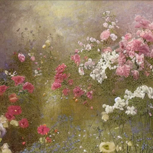 Prompt: This painting is a large canvas, covered in a wash of color. In the center is a cluster of flowers, their petals curling and twisting in on themselves. The effect is ethereal and dreamlike, and the overall effect is one of serenity and peace. caput mortuum, chalk art by W. Heath Robinson, by Albert Bierstadt, by Abbott Fuller Graves AWESOME, detailed