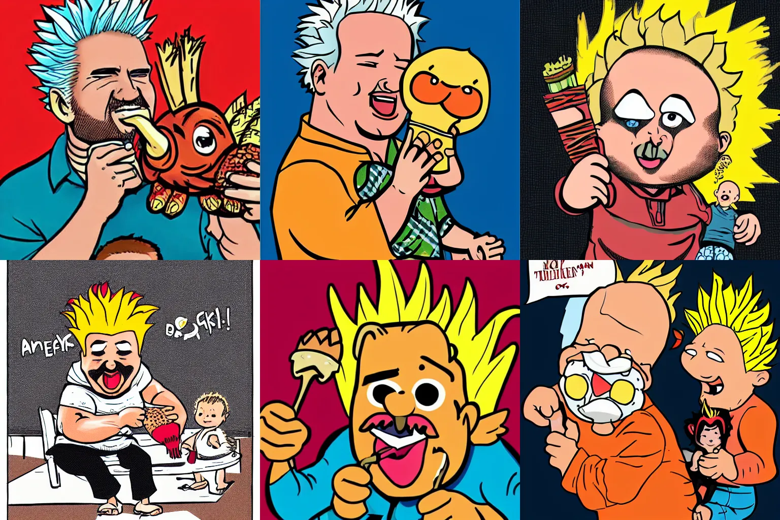 Prompt: comic of an infant with Guy Fieri’s head holding a turkey leg,