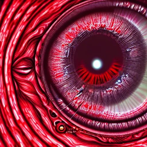 Image similar to a detailed extremely close up of inside the iris, cornea, red image, microscopic, extremely close up drawing by junji ito, cgsociety, generative art, lovecraftian, parallax, cosmic horror, extremely detailed, hyperrealism, unreal engine, octane render, award winning, masterpiece, highly detailed, realistic, 4 k, digital