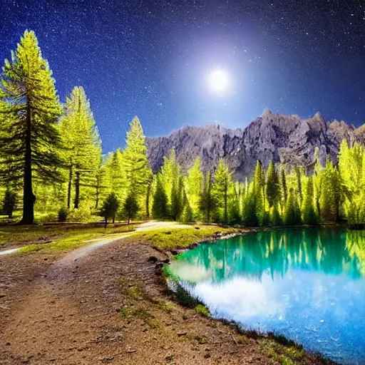 Image similar to a mirror lake in a forest of blue sequoia trees, lush, with mountains and hills and cliffs and towns full moon, dark clear sky with stars, light blue sparking and glowing dust in the wind. fantastic, mystical, glow