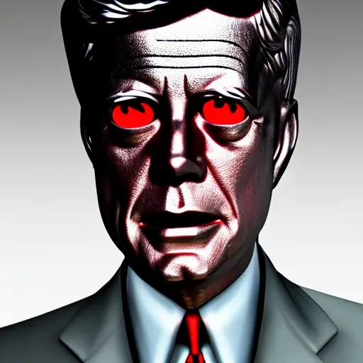 Image similar to jfk with robotic metallic skin and glowing red eyes, realistic photography high detail