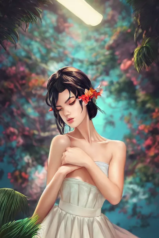 Image similar to a beautiful fashion goddness of love, chic strapless dress, tropical sea background, character design, in the style of artgerm, and wlop, cinematic lighting, hyperdetailed, 8 k realistic, symmetrical, global illumination, radiant light, frostbite 3 engine, cryengine, dof, trending on artstation, digital art