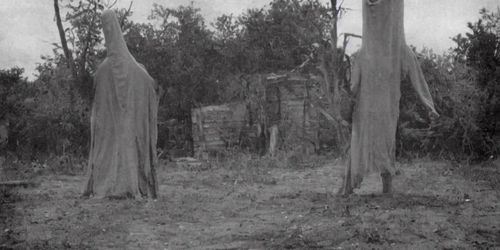 Prompt: scary unproportionable tall ghost creature in the middle of an abandoned village, 1900s picture