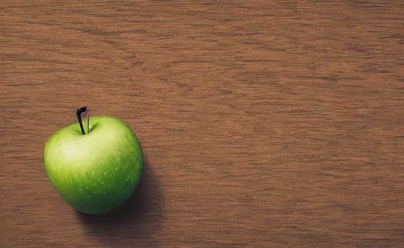 Prompt: a macro photo of a green apple on a wooden table at sunrise, hyperrealistic, some trees in the background, dof, octane render, unreal engine 5, trending on artstation, high quality, highly detailed, 8 k, soft lighting, path traced, beautiful, harmonious, complementary colors, serene scene, bloom, godrays, concept art