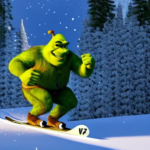 Image similar to shrek skiing, angry, full body shot, cinematic lighting, studio quality