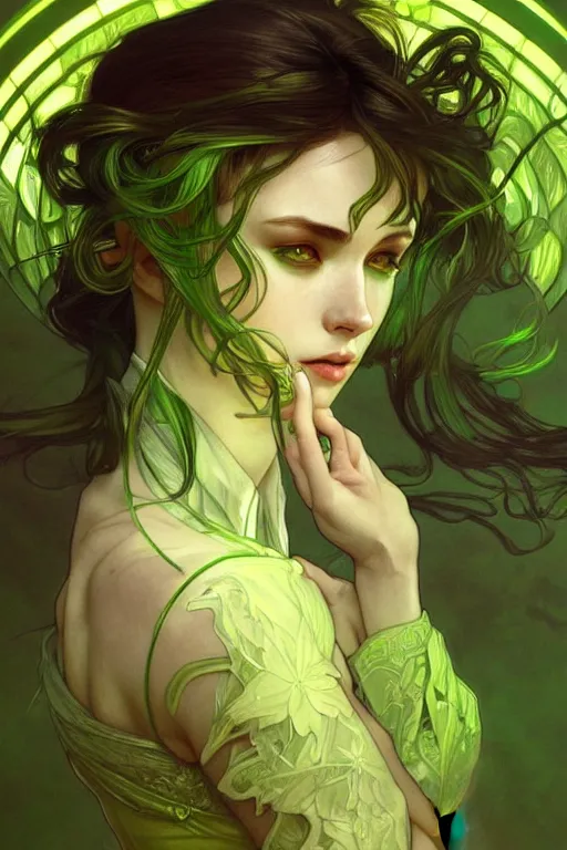 Image similar to greenyellowwhite, dark fantasy, intricate, elegant, highly detailed, digital painting, artstation, concept art, matte, sharp focus, illustration, art by artgerm and alphonse mucha