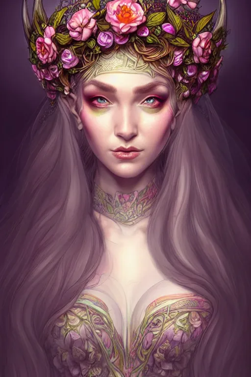 Image similar to digital art, centered elven bride, vivid flower crown ,intricate, veins, by James Jean and by artgerm , ultradetailed, charachter design, concept art, trending on artstation,