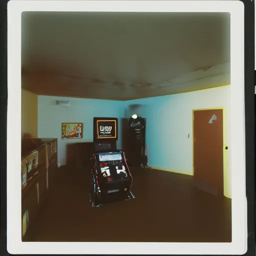 Image similar to polaroid photo from 1 9 9 8 of video game room, flash photography,