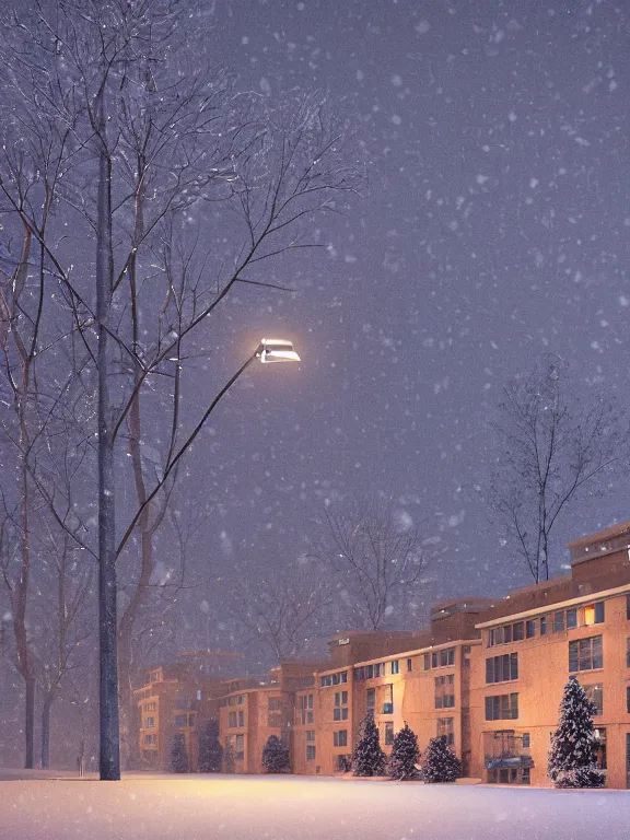 Image similar to film still of tiny soviet residential building, residential suburb area, lights are on in the windows, deep dark night, cozy atmosphere, cold winter, snowing, streetlamps with orange light, volumetric light, several birches nearby, elderly people stand at the entrance to the building, mega detailed, unreal render