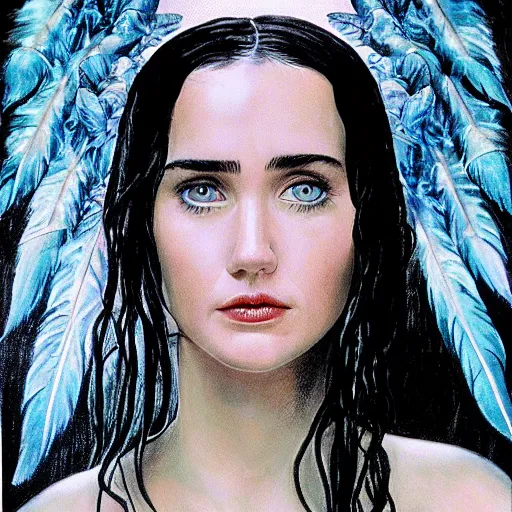 Image similar to young innocent jennifer connelly as innocent gothic beauty with black feathers instead of hair, pale and sickly, goosebumps, eyes closed, mutant, sad, feathers growing out of skin, sitting in opulent wheelchair, romantic, comic book cover, vivid, beautiful, illustration, highly detailed, rough paper, dark, oil painting