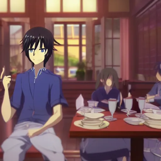 Image similar to Aymeric de Borel in a restaurant slice of life anime. Key frame. still from 3d tv anime, Kyoto animation studio, Flash photography