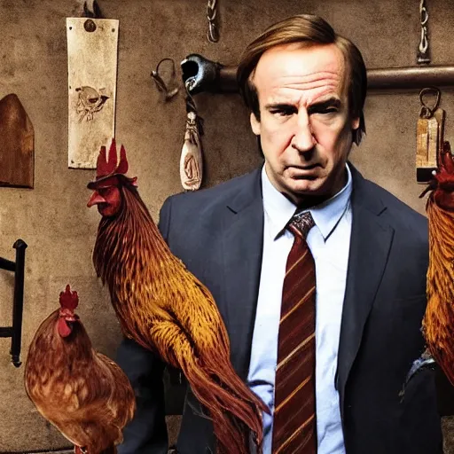 Prompt: saul goodman and a rooster in a medieval torture chamber, saw blades and knives in the background!!, horror movie, saul goodman!!!!!, rooster!!!!!, real life photo, detailed face