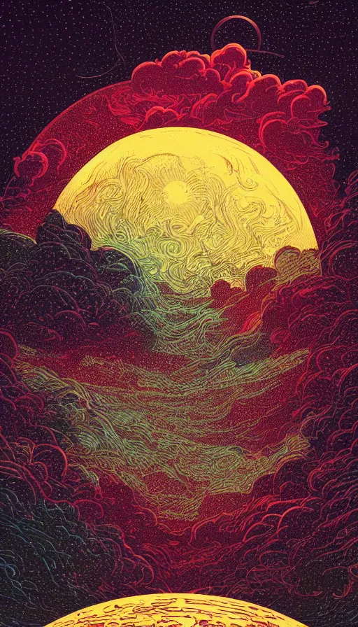 Image similar to harvest moon floating on cosmic maelstrom sky at sunset, futurism, dan mumford, victo ngai, kilian eng, da vinci, josan gonzalez