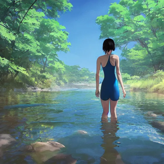 Image similar to one single girl wearing a blue full body bathing suit wading, wading weight high water, standing in a narrow river, trees bent over the river, shady, ripples, facing, looking at the camera, inviting look, atmospheric lighting. By Makoto Shinkai, Stanley Artgerm Lau, WLOP, Rossdraws, James Jean, Andrei Riabovitchev, Marc Simonetti, krenz cushart, Sakimichan, trending on ArtStation, digital art.