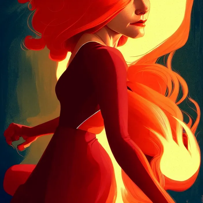 Prompt: style artgerm, joshua middleton, norman rockwell, beautiful kristen bell with dark red dress, very long orange hair, symmetrical face, symmetrical eyes, fire powers fire swirling, detailed, volcano setting, cinematic lighting