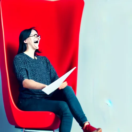 Prompt: a ux designer having loads of fun in a red chair with a big team creating wire frames