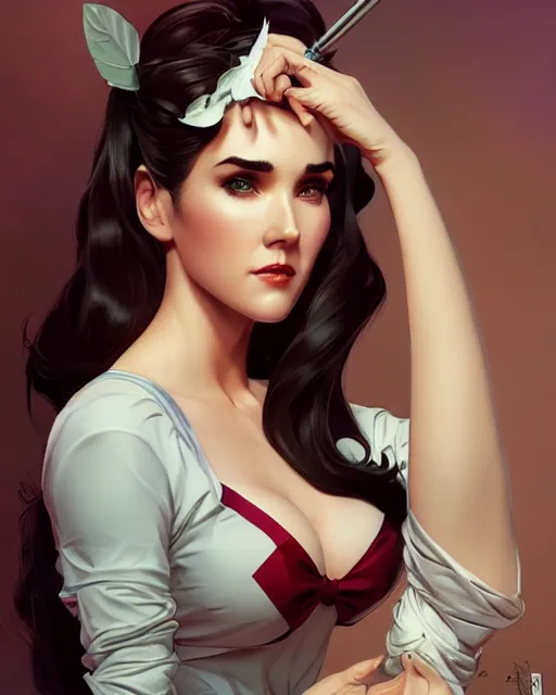 Image similar to a pin up and beautiful fashion charming dreamlke jennifer connelly, symmetrical face symmetrical eyes, character art, art by artgerm lau and wlop and and ilya kuvshinov and john singer sargent, joshua middleton comic art