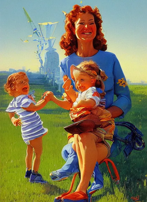 Image similar to portrait of a cheerful mother by robert mccall and vladimir kush