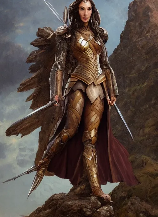 Prompt: highly detailed steampunk armor on gal gadot who is standing on a rock : leonardo da vinci, greg rutkowski, magali villeneuve