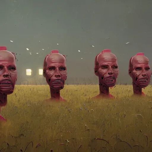 Image similar to a farm of human heads, Simon Stalenhag, Wadim Kashin, 4K, cinematic