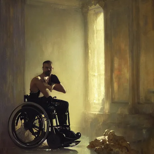 Image similar to handsome portrait of a wheelchair guy fitness posing, radiant light, caustics, war hero, one legged amputee, by gaston bussiere, bayard wu, greg rutkowski, giger, maxim verehin