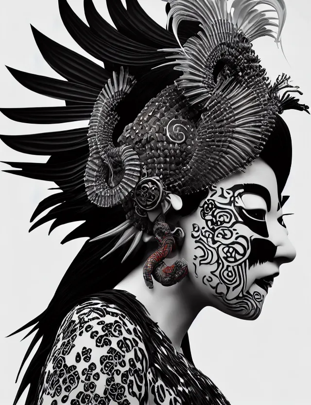 Image similar to 3 d goddess close - up profile portrait punk with mohawk with ram skull. beautiful intricately detailed japanese crow kitsune mask and clasical japanese kimono. betta fish, jellyfish phoenix, bio luminescent, plasma, ice, water, wind, creature, artwork by tooth wu and wlop and beeple and greg rutkowski