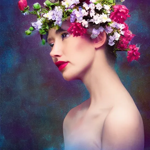 Prompt: a portrait of a romantic woman with flowers grow out of hair, roses peonies forget-me-nots dahlias lupins gladioli, sky theme in background, 35mm Photograph, 4K Resolution, Digital Art, Trending on artstation