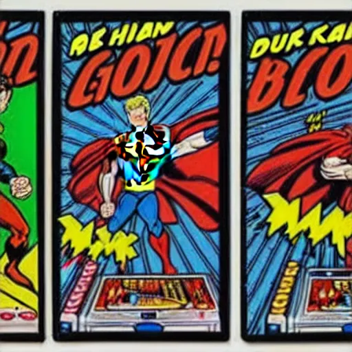 Image similar to a comic book super hero who is just really good at pinball and throws pinball machines he has a long cape his left hand is missing and instead is a launcher from a pinball machine, 4k, highly detailed, heroic pose, graphic novel, bright colors, dark lines