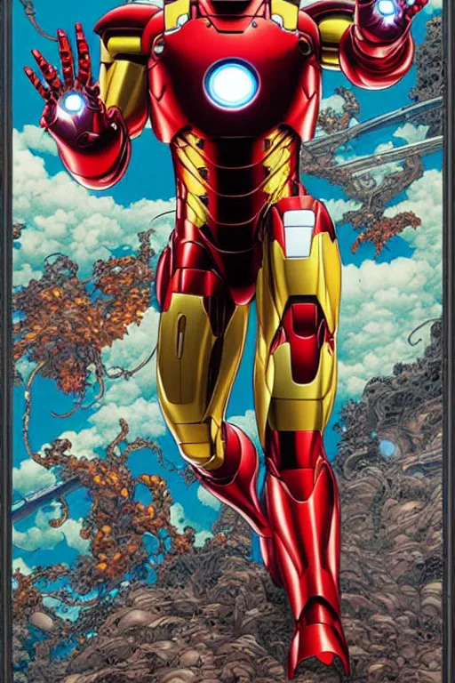 Prompt: poster of iron man, by yoichi hatakenaka, masamune shirow, josan gonzales and dan mumford, ayami kojima, takato yamamoto, barclay shaw, karol bak, yukito kishiro