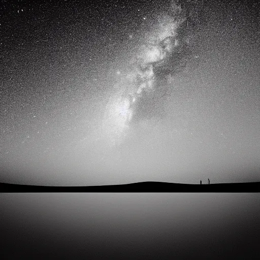 Prompt: a man floating in the blackness of space, stars in the background, lonesome, wide shot, background, space, minimalist, realistic, b&w, void, emptiness