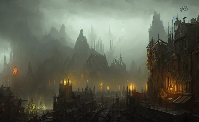 Image similar to extreme long shot concept art depicted old english majestic town, dramatic mood, overcast mood, dark fantasy environment, dieselpunk, art from legends of runeterra, art from league of legends, art from arcane, art by darek zabrocki, trending on artstation, unreal engine, golden ratio, spectacular composition