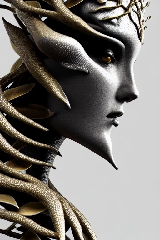 Image similar to bw contrasted close - up profile face, black background, beautiful young porcelain vegetal - dragon - cyborg - female, 1 5 0 mm, beautiful natural soft rim light, silver gold details, magnolia leaves and stems, roots, mandelbot fractal, elegant, ultra detailed, white metallic armour, octane render, h. r. giger style