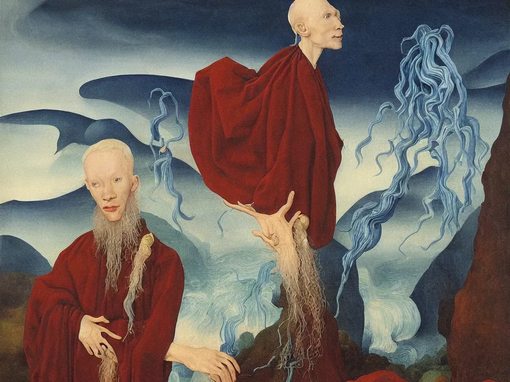 Image similar to Portrait of albino mystic with blue eyes, with exotic beautiful orchid medusae. Landscape with tsunami, giant wave. Painting by Jan van Eyck, Audubon, Rene Magritte, Agnes Pelton, Max Ernst, Walton Ford