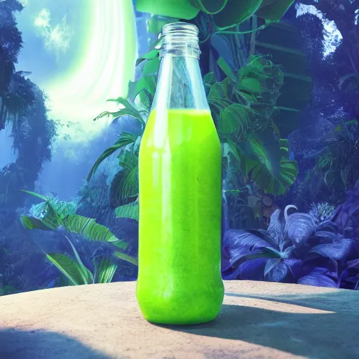 Image similar to green juice bottle in a luscious tropical grove with neon auroras, path traced, environment, highly detailed, concept art, realistic, octane render, up close shot shinji aramaki, karol bak, alphonse mucha