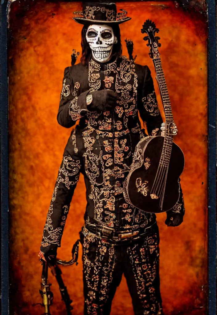 Image similar to tintype full body view, man in mariachi dia de muertos suit and make up, horrific beautiful vibe, evocative, atmospheric lighting, painted, intricate, highly detailed,