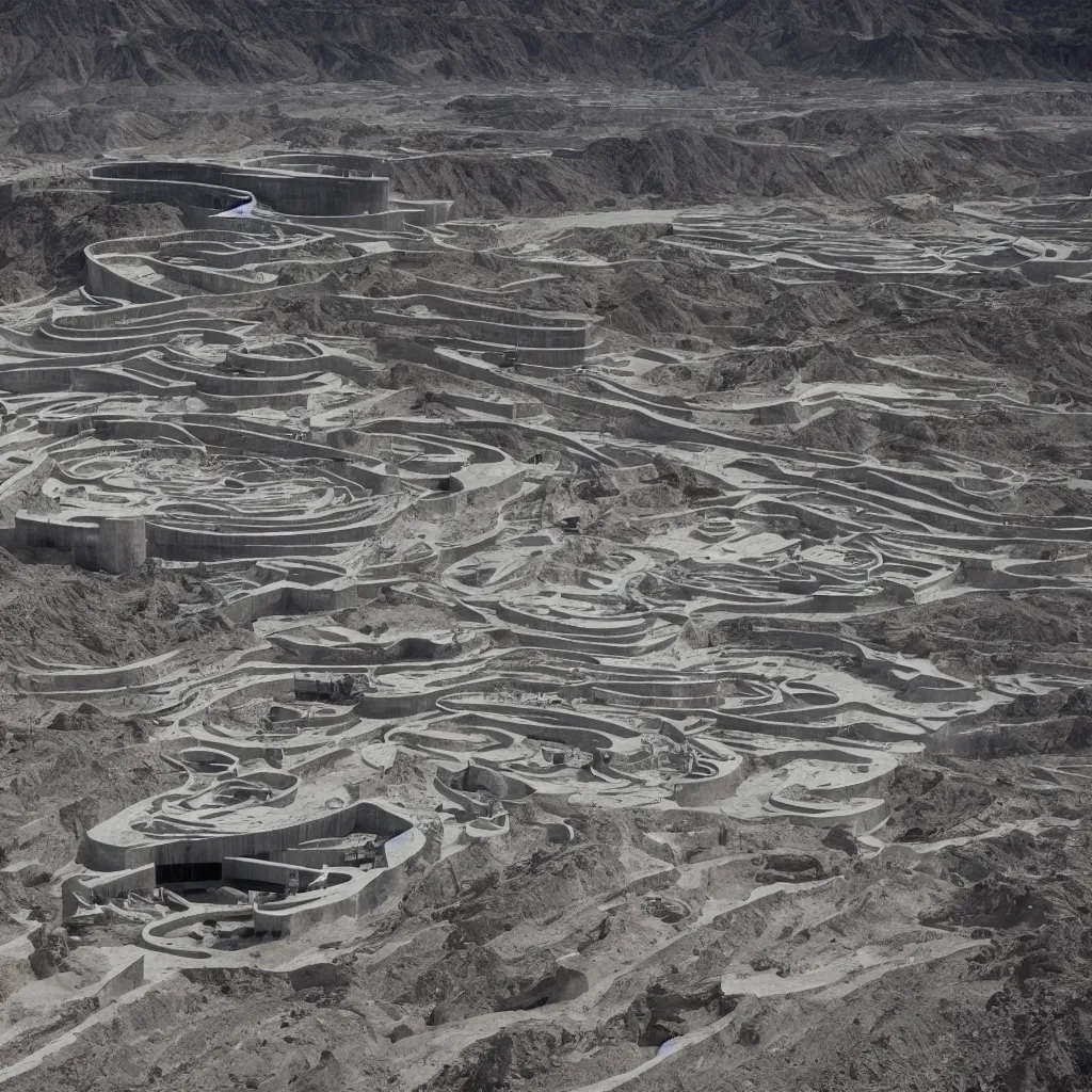 Prompt: rave at herzog & de meuron bioremediation architecture in the mining tailing in the desert