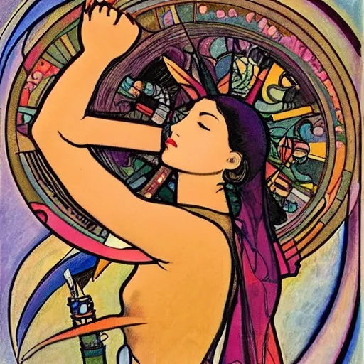 Image similar to The Goddess of Art, paint, ink, palettes, spectrum, in the style of Octavia Ocampo, Mucha, Kandinsky